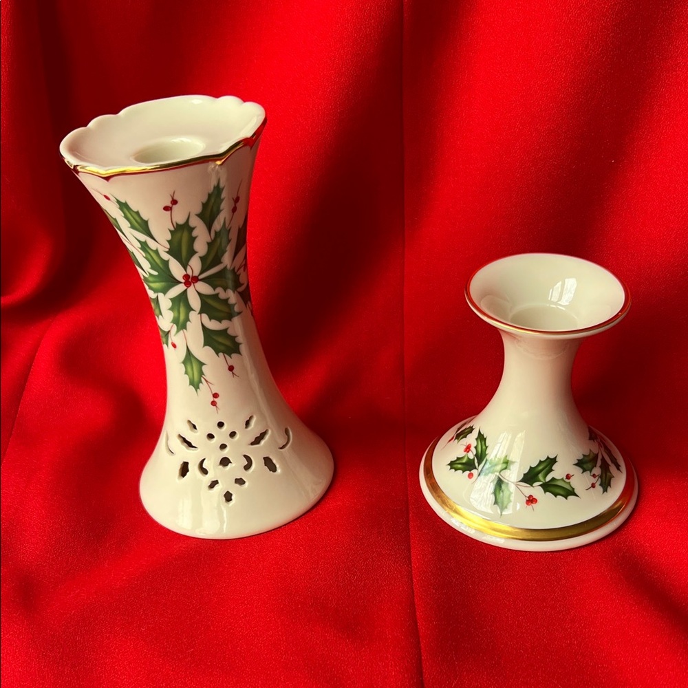 Lenox Holiday Candle Holders with Green and Red Holly Design